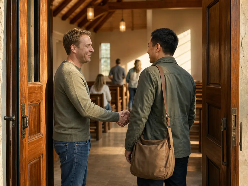 Two church members shaking hands and welcoming a newcomer at the chapel entrance