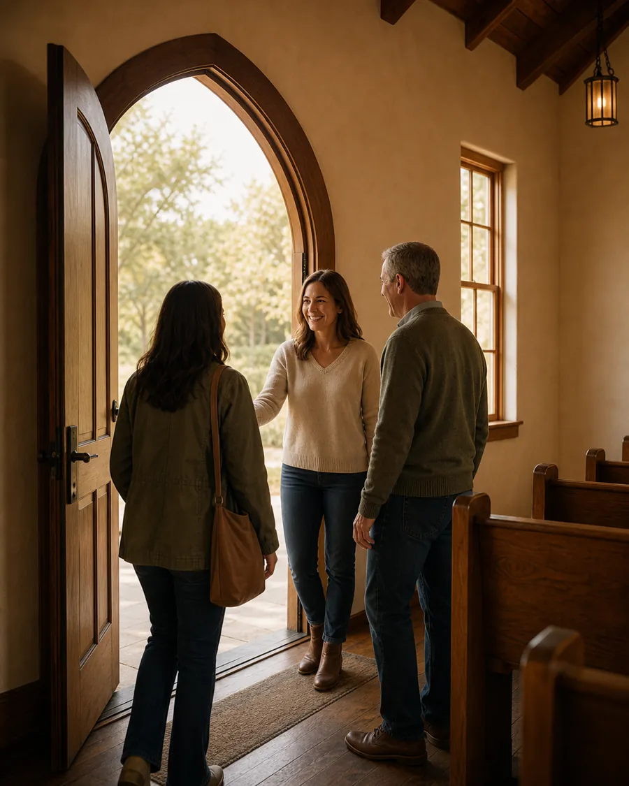 A church member warmly greeting a visitor at the open chapel doors on a Sunday morning