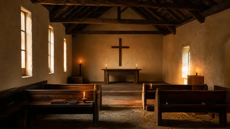 A small, warm chapel interior in golden-hour light, wooden pews and exposed beams facing a simple wooden cross