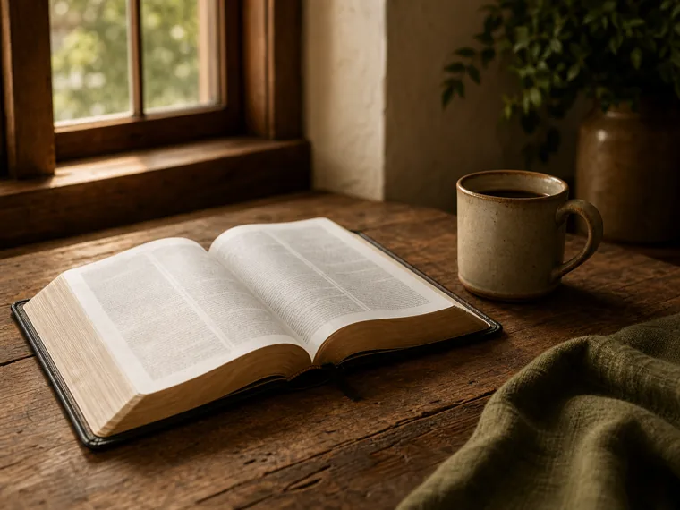 An open Bible beside a warm mug on a wooden table